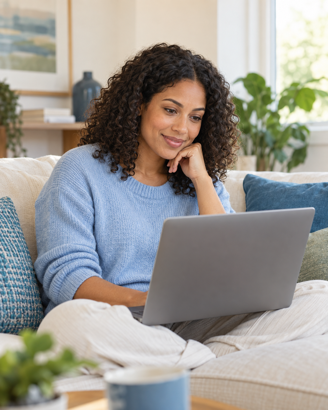 Illustrative scene of a woman comfortably joining a video consultation from home
